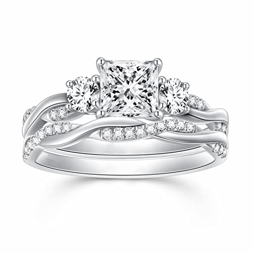 Princess Cut Wedding Ring Sets for Women White Gold, 1-1/2 Carat(ctw) Moissanite Bridal Sets Platinum Plated Silver Engagement Ring Set Twisting Infinity Pave Set(size 7.5)