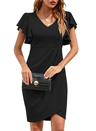 IHOT Women's Dresses for Wedding Guest Ruffle Sleeves V Neck Sheath Wrap Semi Formal Bodycon Pencil Stretchy Casual Cocktail Party Special Occasion Dress Black XL