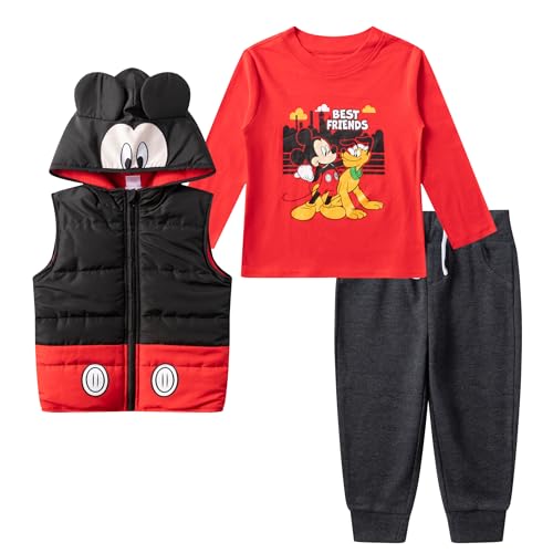 Disney Mickey Mouse and Pluto Boys Long Sleeve Shirt, Hooded Vest and Pants Set for Infant and Toddler