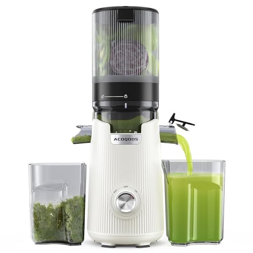 ACOQOOS Juicer Machines, Cold Press Juicer Whole Fruit and Vegetable with 5.3" Wider and Larger Feeding Chute (Capacity 1.8L), Easy to Clean Juicers with 2 Cups, Masticating Juicer White