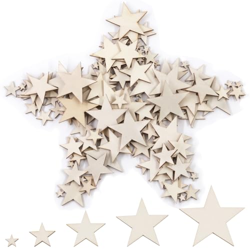 Swpeet 300Pcs 5 Sizes Unfinished Wood Star Cutouts Assortment Kit, Blank Wood Stars Slices, Wooden Star Ornaments, Wooden Star Shaped Embellishments Slices for Crafts Christmas Wedding Decoration