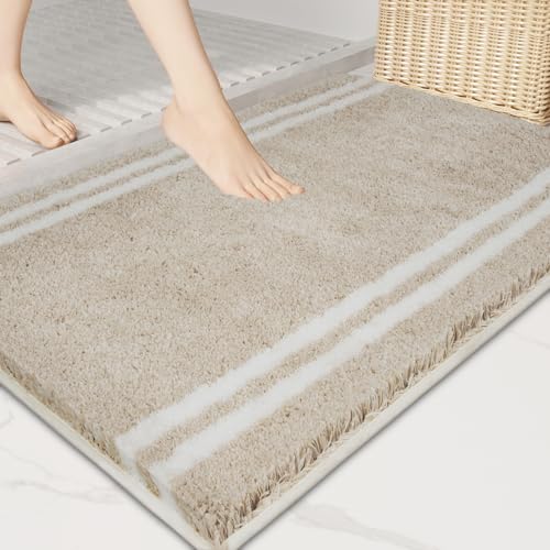 PURRUGS Non-Slip Bathroom Rug 24" x 36" - Super Absorbent & Quick Dry Shaggy Microfiber Bath Mat, Machine Washable Plush Throw Rug for Bathtub, Shower and Sink, Beige