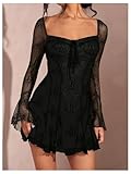 SOLY HUX Women's Lace Mesh Flare Long Sleeve Mini Dress Ruffle Flowy Party Cocktail Dresses Pure Black Medium