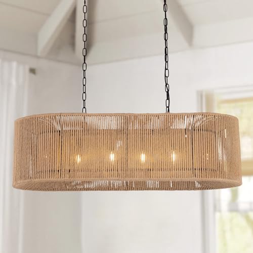 Wellmet Boho Chandelier Light Fixture 42 Inch, Farmhouse Rattan Pendant Light for Dining Room, Rustic Rectangular Chandeliers for Living Room, Bedroom, Kitchen Island