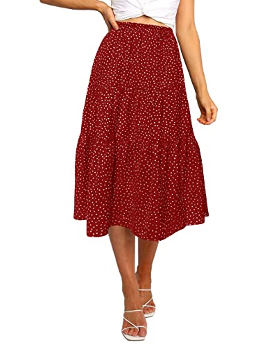 MEROKEETY Womens Elastic High Waist Leopard Print Polka Dot A-Line Swing Midi Skirt (02-Red, Small)