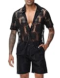 LecGee Mens Sexy Sets Mesh Short Sleeve Lace Shirt See Through Shorts Summer Sheer Two Piece Outfits(Black Flower,M)