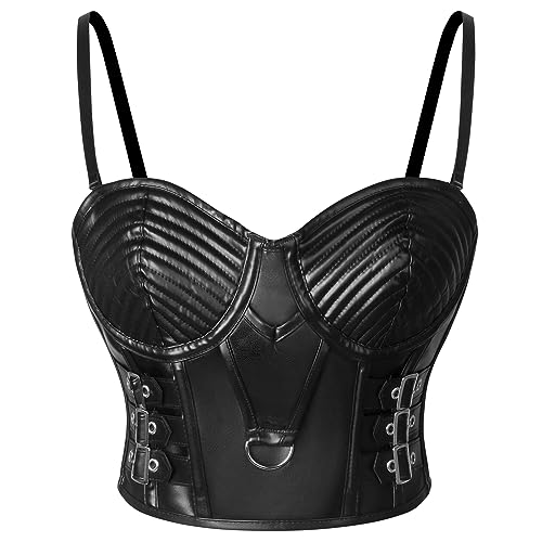Charmian Women's PU Leather Spaghetti Straps Bustier Bra Clubwear Corset Crop Top Black Large
