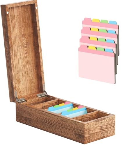 AXEFUN Business Card Holder with 20 Index Cards, Wooden Business Card Organizer, Large Capacity Business Card Storage Box for 600 Cards, 5 Compartments Wood Businee Card Box for 2.2" x 3.5" Cards