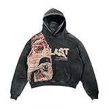 Obenie Retro Y2K Hoodie Gothic Casual Alphabet Blast Print Pattern Skull Fashion Hoodie Men Harajuku Men Clothing (black,M,Medium)