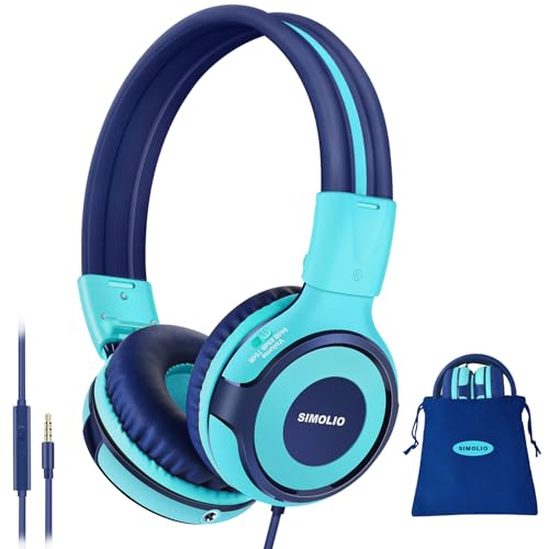 SIMOLIO Kids Headphones for School Travel, Headphones for Kids with Mic & Share Port, 75dB-85dB-94dB Safe Volume, Stereo Wired Foldable Headsetss for Boys, Girls, Child Earphones for Tablet (Mint)