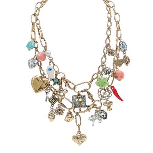 iSPECIAL Chunky Retro Heart Necklace for Women Antique Layer Beach Ocean Moon Stars Western Boho Charm Necklaces Retro Link Chain Jewelry (vintage gold necklace)