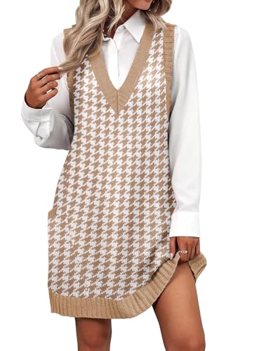 Zeagoo Womens Long Sweater Vest Pattern Knit Pullovers Dress V Neck Sleeveless Sweater Dress Chunky Vest Dress, Brown Houndstooth M