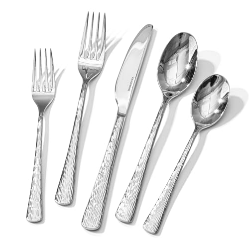 KINGSTONE Hammered Silverware Set, Flatware Set, 18/10 Stainless Steel Premium Cutlery with Unique Ripple Handles Design Mirror Polished - Dishwasher Safe (30-Piece)