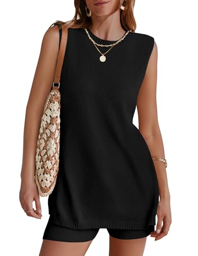 NENONA Women's Summer Sleeveless Sweater Sets Casual Knit Tunic Tops and Shorts 2 Piece Outfits,Black,XL