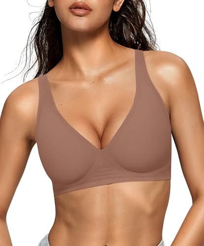 OEAK Womens Deep V Bras Wireless Comfortable Bra Supportive No Underwire Bras Tshirt Push Up Bralettes Plunge Seamless Bra Coffee