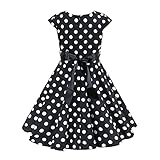 Kids Girls Cap Sleeve Vintage Polka Dot 50's Swing Dress 1950s Retro Audrey Hepburn Rockablilly Summer Casual A-line Dress Bow Tie Party Wedding Prom Cocktail Dress Dance Gown Black Polka 9-10 Years