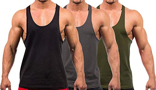 YAKER Men's Blank Stringer Y Back Bodybuilding Gym Tank Tops (L, 3Pcs-Black/ArmyGreen/Darkgrey)