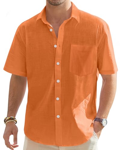 J.VER Men's Casual Button Up Linen Shirt Solid Short Sleeve Work Shirt Loose Fit Vacation Tees with Pocket Orange X-Large