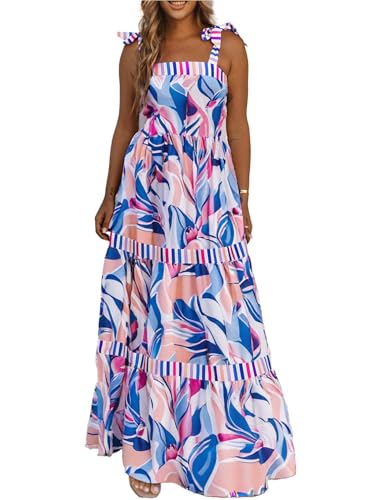 AlvaQ Women's 2025 Summer Casual Sleeveless Square Neck A-Line Swing Dress Floral Print High Waist Long Dress Sky Blue 1X