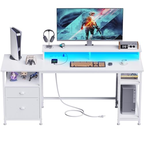 Furologee 61" Computer Desk with Power Outlet and LED Lights, Reversible Gaming Desk with File Cabinet & Monitor Stand for Home Office, Large Work Table with Storage Shelves & Drawer, White