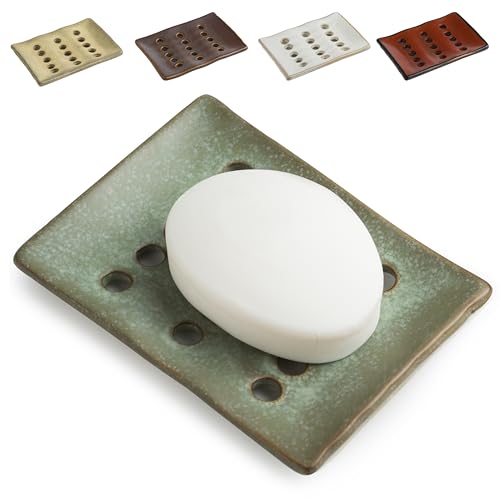 Cormomu Ceramic Soap Dish with Self Drain for Shower, Bar Soap Holder to Lift and Keep Dry, Concave Design to Prevent Slipping, Suitable for Kitchen and Bathroom, Green