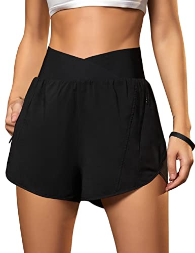 Blooming Jelly Women's Workout Shorts Athletic Running Cross V Cut Waist Work Out Preppy Shorts with Zipper Pockets (Black,X-Large)