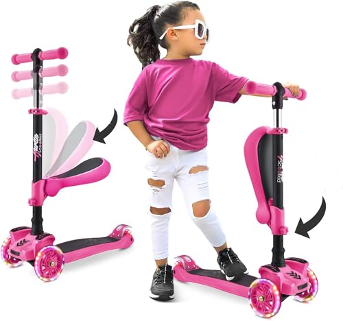 Hurtle Kids Scooter - Child Toddler Kick Scooter Toy with Foldable Seat - 3 Wheel Scooter with Adjustable Height, Anti-Slip Deck, Flashing Wheel Lights, for Boys/Girls 1-12 Year Old, Pink