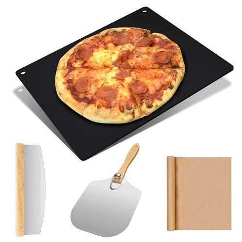 Large Cast Iron Pizza Stone Set for Oven & Grill - 16x13.4x1/4 Inch Steel Pizza Baking Stone, 4 PCS Pizza Making Accessories Kit for Barbecue, Sourdough Bread & Large Pizzas