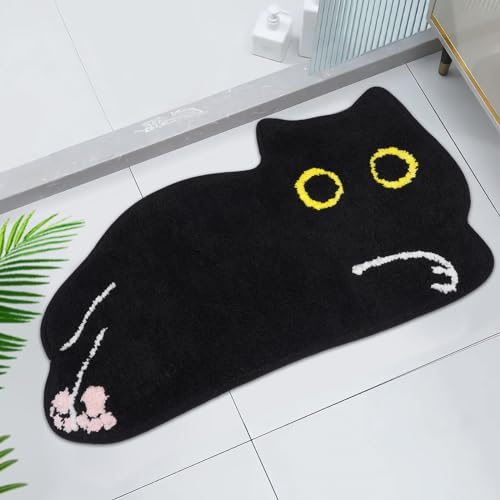 NIGOWAYS Cat Bath Mat,Soft, Absorbent, Non-Slip Mat for Bathroom, Kitchen, Bedroom - Home Decoration Gift (Lying Down Black Cat Mat, 16''x28'')