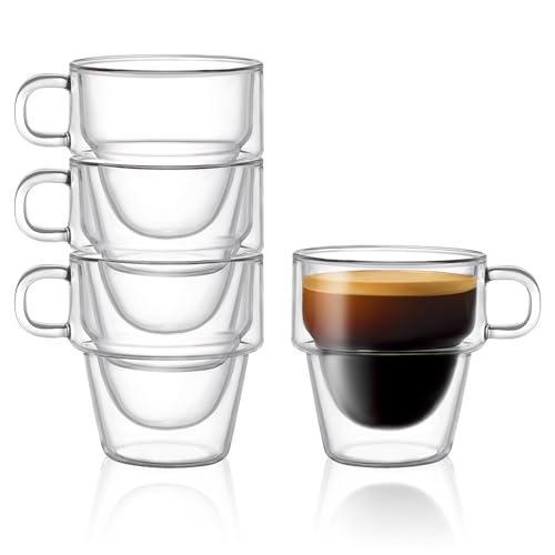 JoyJolt Stoiva Double Wall Insulated Espresso Glass Cups – 5 oz. (150 ml) Espresso Shot Glass Cup with Handle – Stackable Thermal Clear Glass Cups, Fit for Espresso Machine and Coffee Maker – Set of 4