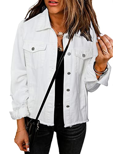 EVALESS Women's Vintage Ripped Distressed Denim Jean Jacket 2025 Trendy Casual Long Sleeve Button Down Denim Outwear with Pockets White Small