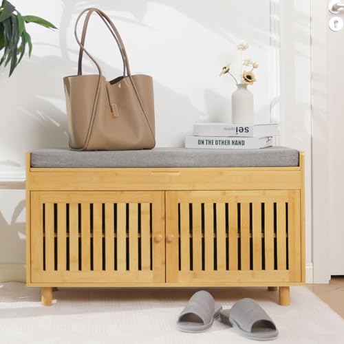 oakvivo Shoe Storage Bench, Bamboo Entryway Bench with 2 Doors & Padded Seat Cushion, 2 Tier Shoe Rack Bench, Shoe Cabinet, Storage Bench Organizer for Entryway, Living Room, Bedroom, Hallway