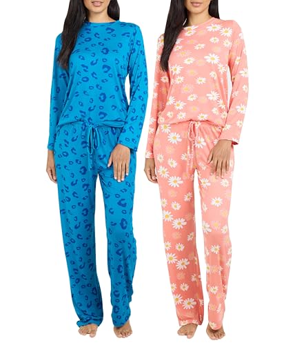 Real Essentials (Pack of 2 Women's Long Sleeve Summer Pajamas - Cotton Sleepwear Matching Bottoms Comfy Soft and Lightweight - Set K Royal Blue & Pink, Medium