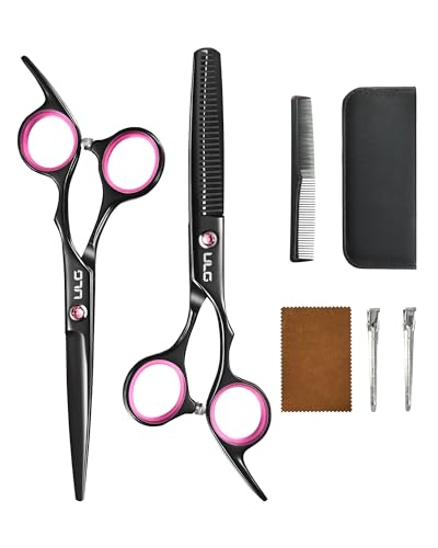 ULG Hair Cutting Scissors Thinning Shears Kit Professional Barber Hairdressing Texturizing Salon Razor Edge Scissor Japanese Stainless Steel 6.5 inch Black