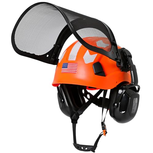 Aolamegs Chainsaw Helmet with Face Shield and Ear Muffs-Orange Forestry Helmet with Hearing Protection and Mesh Full Face Mask,OSHA Approved Arborist Safety Hard Hat with Ear Protection for Mowing