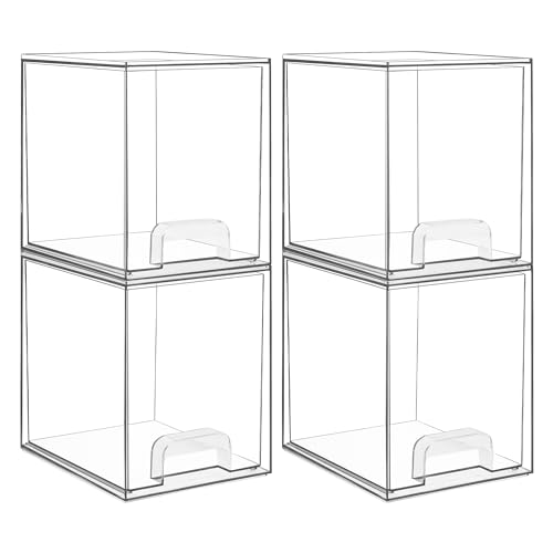 Vtopmart 7.6" H Clear Stackable Storage Drawers, 4 Pack Plastic Organizers Bins for Skincare, Cosmetics,Beauty Supplies,Ideal for Vanity, Bathroom,Kitchen Countertop,Cabinet Organization