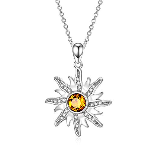 AOBOCO Sterling Silver Sun Sunburst Pendant Necklace with Citrine Austrian Crystal, November Birthstone Jewelry, Christmas Gift for Women