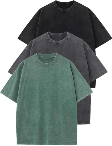 Flygo 3 Pack Boys Girls T-Shirts Cotton Acid Washed Oversized Tee Shirts Kids Casual Short Sleeve Loose Unisex Summer Basic T Shirt Tops(Black+Darkgrey+Green-M)