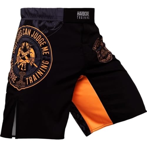 Hardcore Training Glima Fight Shorts Men's Boxing MMA Combat BJJ Grappling Fitness Muay Thai Kickboxing No Gi Black Orange