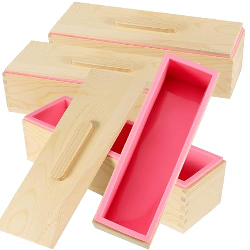MAHIONG 3PCS 47oz Silicone Soap Kit, Pink Rectangular Silicone Loaf Soap Making with 3 Wooden Boxes and 3 Lids, DIY Supplies for Soap Making