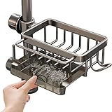BENBOR Kitchen Sink Faucet Organizer,Multifunction Sink Organizer Over Faucet. Adjustable Alloy Dish Sponge Holder Over Faucet Sink Organizer,Draining Rack for 0.7-1.1inch Round Water Pipe Silver Gray