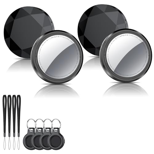 QCOQ Air Tracker Tags-4 Pack Black | Bluetooth Tracker Work with Apple Find My (iOS Only), Smart Tag with Protective Case/Keychain/Lanyard, Item Finder for Luggage/Key/Suitcase, Replaceable Battery