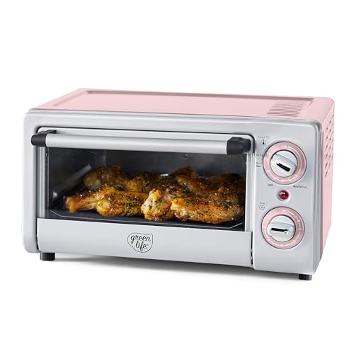 GreenLife Countertop Toaster Oven Air Fryer Stainless Steel, Healthy Ceramic Nonstick, PFAS and PFOA-Free, Tray & Basket, Bake, Broil, Reheat, Adjustable Temp & Time Control, Auto Shutoff, Pink