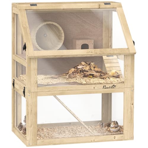 PawHut Wooden Hamster Cage, 3 Tier Small Animal Cage with Detachable 12.6" Deep Bottom, Hut, Seesaw, Exercise Wheel, Ramps, Hamster Habitat for Dwarf, Gerbil, 24" x 16" x 29.5"