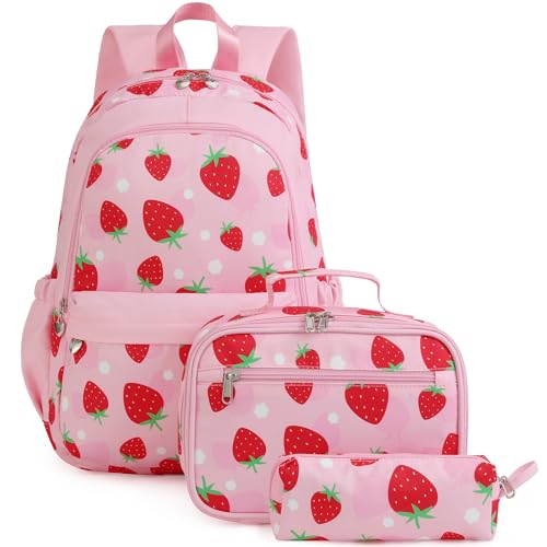 Unineovo Strawberry Backpack for Girls, Kids School Bookbag Set, Elementary Primary School Book Bag with Lunch Bag Pencil Case