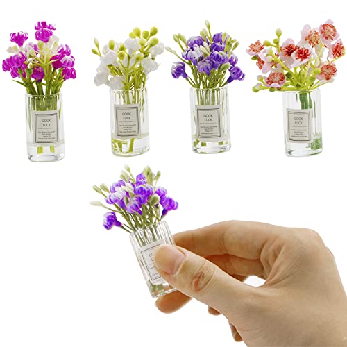 Miniature Flowers with Vase Dollhouse Glass Vase 1:6 Scale Mini Flower in Vase,Flower in Tall Glass Vase(Set of 4)