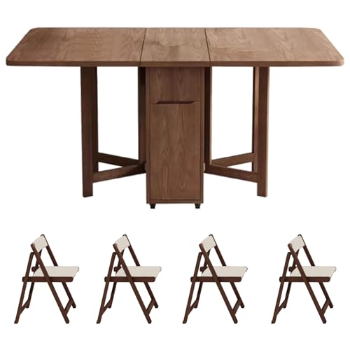 XHKJYSDP Folding Dining Table Set, Saving Space Extendable Drop Leaf Table, Movable Solid Wood Dinette Table with 4 Chairs and Wheels for Kitchen, Dining and Living Room, 1.5m, Walnut