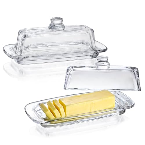 8" Art Glass Butter Dish with Lid Set of 2 Classic Clear Butter Containers, Multi-Purpose Preserving and Serving Tray, Butter Keeper Saver, Dishwasher Safe