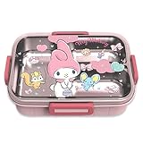 Roffatide Cartoon Cute Melody Printed All-in-One Bento Boxes with Spoon Fork Kawaii 4-Point Lock Type Lunch Box Containers for Food Fruit Snack