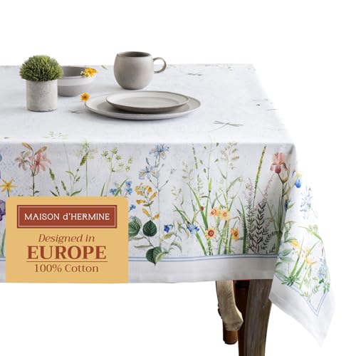 Maison d' Hermine Table Cloth Rectangle Table 100% Cotton 70 x 108 Inches Tablecloth Reusable Decorative for Dining Room, Farmhouse, Home, Party, Festive & Wedding Spring Summer - Fleurs De Mai